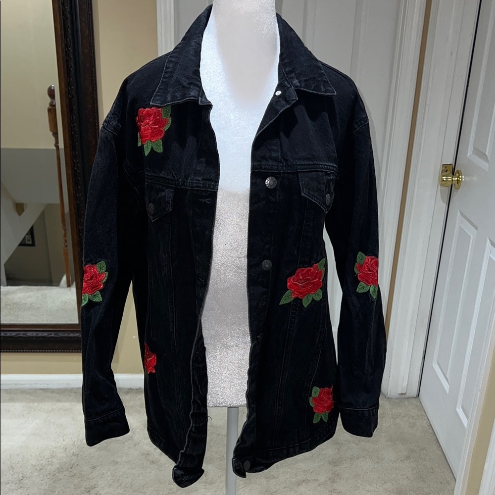 Cello Black Denim Jacket with Red Floral Embroidery